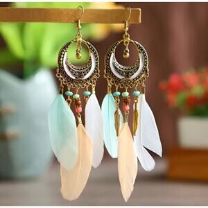 Bohemian Pastel Feather Dangle Earrings Gold Alloy Boho Native Ethnic
